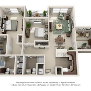 A 3D floor plan of a modern apartment with two bedrooms, a living room, kitchen, and bathrooms.