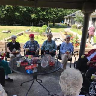 A cheerful gathering of seniors enjoying a sunny day outdoors.