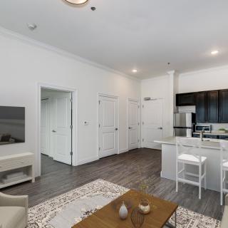 A modern living space featuring an open floor plan with a kitchen and living area, highlighted by minimalist decor and hardwood flooring.