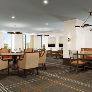 A modern dining area with elegant furniture and ambient lighting.