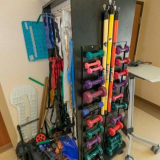 A storage unit filled with various exercise and fitness equipment including dumbbells, therapy bands, and resistance tubes.