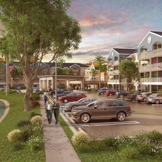 A serene residential area with parked cars and people walking on a sidewalk during the evening.