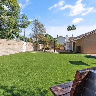 A sunny backyard featuring a well-maintained lawn, surrounded by trees and a fence, with a bench and a house in the background.