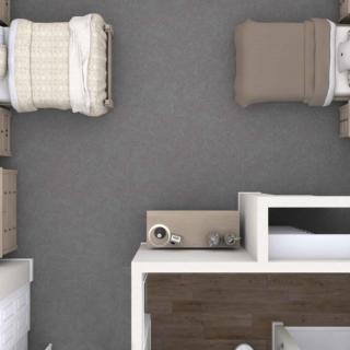 Overhead view of a modern bedroom with neatly arranged furniture and twin beds.