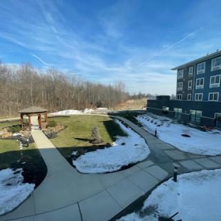A serene outdoor view featuring a garden space with melting snow and a clear blue sky.