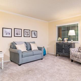 A cozy living room featuring a comfortable sofa, decorative pillows, framed artwork on the wall, and a stylish sideboard lamp.