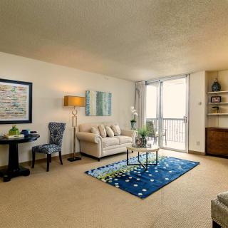 A cozy living room with modern furniture, decorative artwork, and a blue rug.