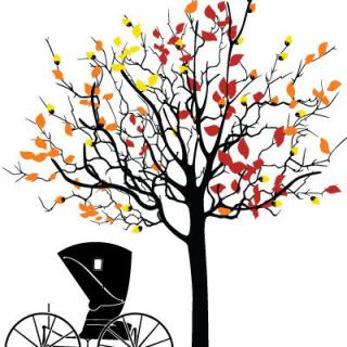 An illustration featuring a tree with colorful autumn leaves and an old-fashioned carriage.