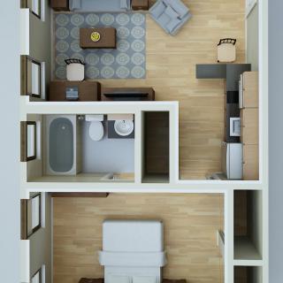 A 3D rendering of an apartment floor plan showing a living room, kitchen, bathroom, and bedroom.