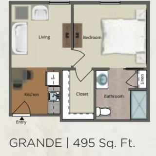 Floor plan of a 495 sq. ft. studio apartment called 'Grande'.