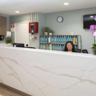 A modern reception area with a receptionist sitting behind the desk, surrounded by office decor and organized files.