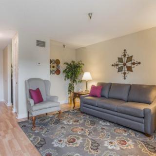 A cozy living room with a sofa, armchair, rug, and decorative elements.