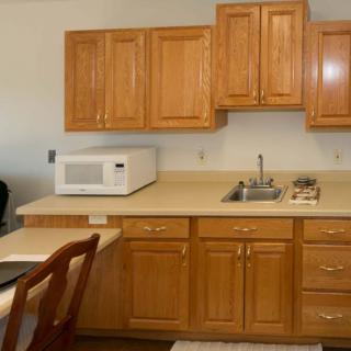 A kitchen with wooden cabinets, a microwave, and a sink on the countertop.