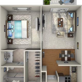 A 2D floor plan of an apartment featuring a living room, bedroom, bathroom, and kitchen.