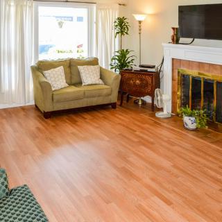 A cozy living room with hardwood flooring, featuring a sofa, fireplace, and a television.