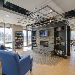 A modern living room with a fireplace, blue chairs, and bookshelves.