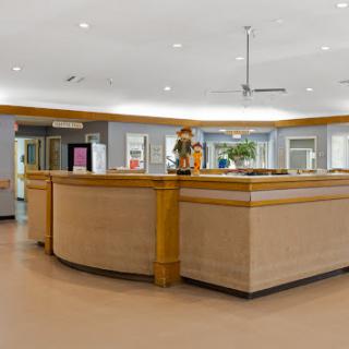 A modern reception area featuring wooden accents and bright lighting.