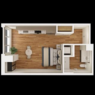 Top view of a studio apartment floor plan with wood flooring, featuring a bedroom, kitchen, and living area.