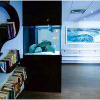 A modern interior featuring a stylish bookshelf and an aquarium, complemented by a large artwork on the wall.