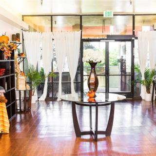 A bright and elegant lobby with wooden flooring, adorned with plants and decorative vases.