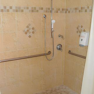 A tiled bathroom shower with safety grab bars and a handheld showerhead.