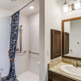 A modern bathroom featuring a shower with a patterned curtain, a granite-topped vanity, and a large mirror.