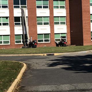 Students enjoying a sunny day outside their building.