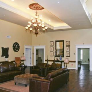 A well-decorated living room with leather sofas, a chandelier, and various decorative elements.