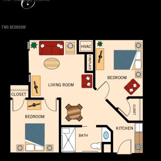 A two-bedroom apartment floor plan with a kitchen, living room, and bathroom.