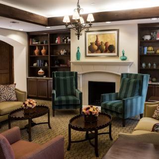 A cozy living room featuring comfortable seating, a fireplace, and elegant bookshelves.