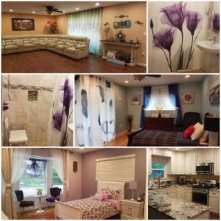 Collage of Interior Spaces: A cozy living room, sleek bathroom with floral decor, comfortable bedroom, and modern kitchen.
