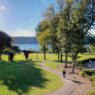 A serene park with sculptures, surrounded by trees and overlooking a picturesque lake on a sunny day.