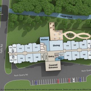 Aerial view blueprint of a building's floor plan with labeled rooms and surrounding areas.
