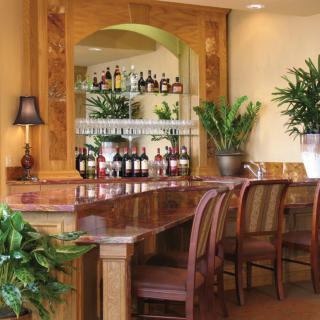 Cozy and elegant bar interior with wooden furnishings and lush green plants.
