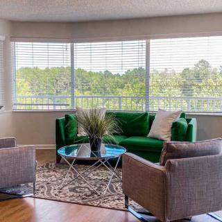 A cozy living room with a green couch, modern furniture, and large windows letting in natural light.