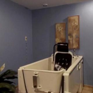 A bathroom with a wheelchair-accessible bathtub and blue walls, featuring minimalist decor.