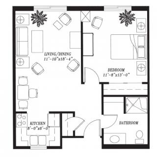 A floor plan of a one-bedroom apartment featuring a living room, kitchen, and bathroom.