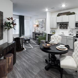 A modern open-concept living space featuring a kitchen, dining area, and cozy living room with stylish decor.