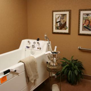 A cozy bathroom featuring a bathtub, decorative artwork, and a potted plant.