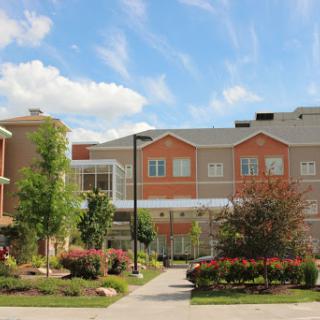 A modern residential building surrounded by vibrant landscaping under a clear blue sky.