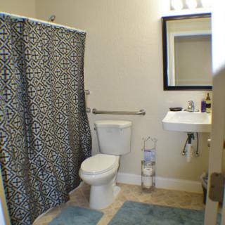 A clean and organized bathroom with a patterned shower curtain and blue rugs.