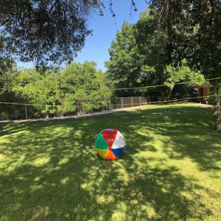 A colorful beach ball sits on the lush green grass under a clear blue sky, surrounded by trees.