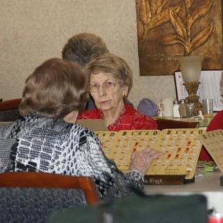 Seniors enjoying a game of Scrabble in a cozy setting.