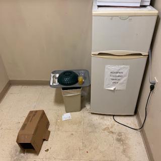 A cluttered office kitchenette with a refrigerator, trash can, and a wooden box.