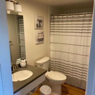 A modern bathroom featuring a sink, toilet, and shower with a striped shower curtain.