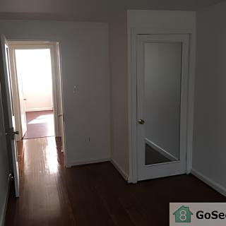 A minimalist interior space featuring a wooden floor, a hallway leading to another room, and a door with a mirror.