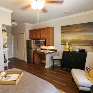 A cozy and modern studio apartment with a kitchenette and stylish decor.
