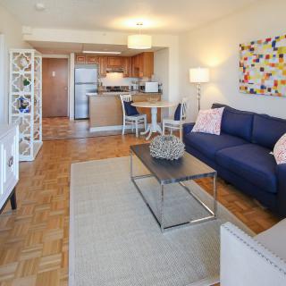 A modern open-concept apartment with a cozy living room and adjoining kitchen.