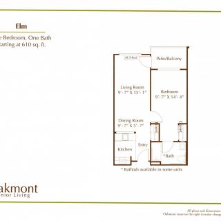 Floor plan of a one-bedroom, one-bath apartment at Oakmont Senior Living.