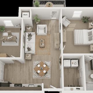 A detailed floor plan of a modern apartment showcasing an open living and dining area, two bedrooms, and a bathroom.
